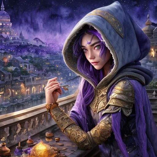 Prompt: Gorgeous girl on 26 with grey hair and purple eyes with dak blue hood with golden details on the terrace at starry night, concept art, mid shot, intricately detailed, color depth, cinematic, aquarelle watercolor painting, intricate detailed