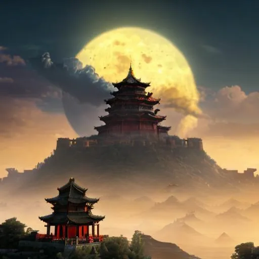 Prompt: Chinese splash art, a shaded kingdom sits atop a large hill, glowing moon in the sky. 
