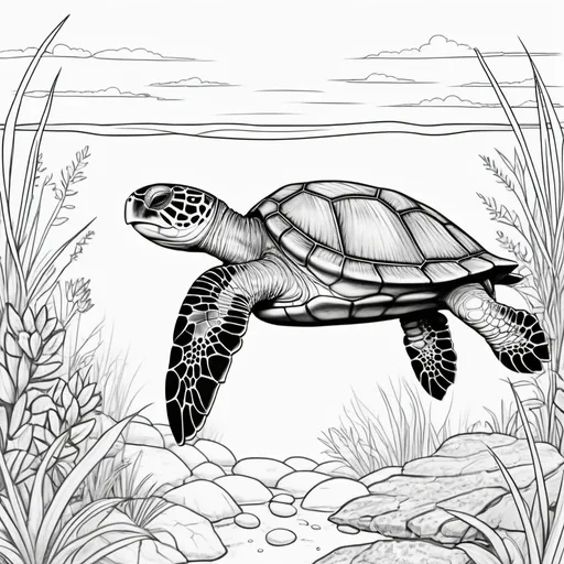 Prompt: create a simple, cute, but realistic, large, animal drawing of a turtle
 in thick black outline, black lines only leaving space for kids to color in, include minimal landscaping relating to the animal. Drawings to be suitable for a kids coloring book ages 2-5, make sure not to use existing works.