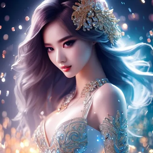 Prompt: splash art, hyper detailed perfect face, beautiful kpop idol sitting, full body, long legs, perfect body,

high-resolution cute face, perfect proportions,smiling, intricate hyperdetailed hair, light makeup, sparkling, highly detailed, intricate hyperdetailed shining eyes,  

Elegant, ethereal, graceful,

HDR, UHD, high res, 64k, cinematic lighting, special effects, hd octane render, professional photograph, studio lighting, trending on artstation