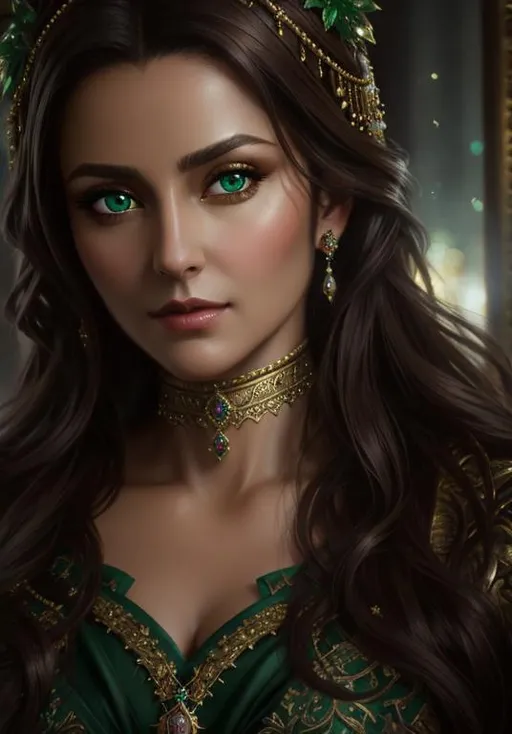 Prompt: {{{{highest quality concept art masterpiece}}}} high quality, beautiful female noble, powerful and greedy, oil painting, Very detailed,  clear visible face, big huge green eyes, dark brown hair, 40 years old