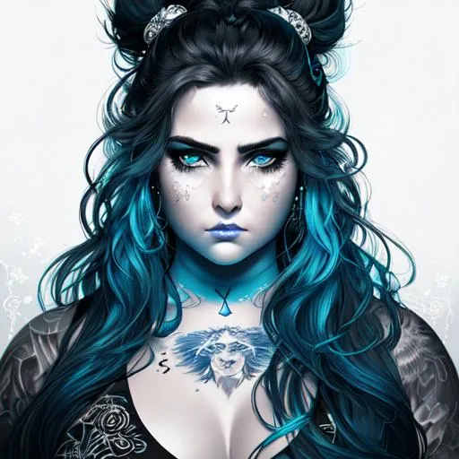 Prompt: a painting of a heavyweight woman with neon blue long wavy hair,  round face, chubby face, by Luis Royo, amy sol in the style of, neon color scheme art rendition, annoyed expression, tattoos, detailed facial structure, (((warrior))), black and white artwork, idealised, pastel drawing, digital art of an elegant, artgram, female water elemental, pinterest anime, charli bowater and artgerm
