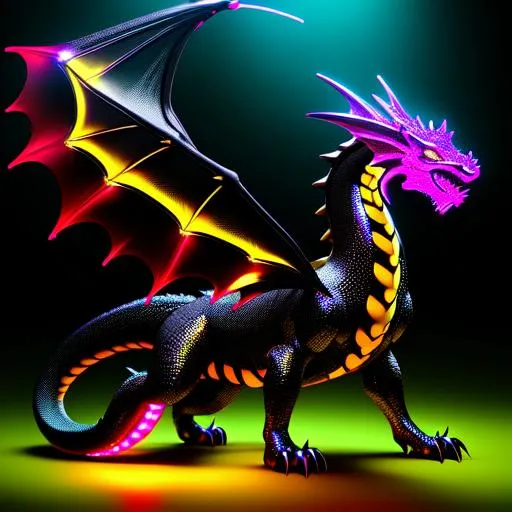 Prompt: Full body for a four-legged quadrupedal smooth skinned and scaleless black latex textured dragon, with bright neon highlights, very glossy and shiny, reflective, perfect composition, hyperrealistic, super detailed, 8k, high quality, trending art, trending on artstation, sharp focus, studio photo, intricate details, highly detailed, Trending on Artstation, Cozy wallpaper, Pastel colors, soft lighting