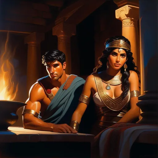 Prompt: Roman soldier impregnating ancient Carthaginian girl, olive skin, black hair, hazel eyes, Carthage at night, warm atmosphere, cartoony style, extremely detailed painting by Greg Rutkowski and by Henry Justice Ford and by Steve Henderson 
