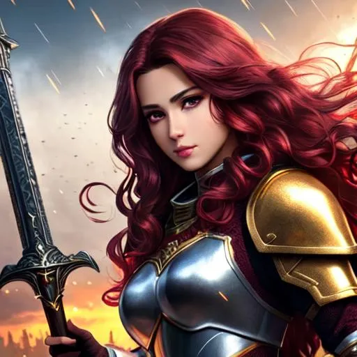 Prompt: 4K, 16K, high quality, extremely detailed, highly realistic, picture quality, maroon long hair (curly - wavy ) (female) gold eyes, dark skin, red eyeliner, knight armor ( gold - silver ), steel sword, dystopian city, war-zone, fantasy, flames, crows, raining, knight/general (female)