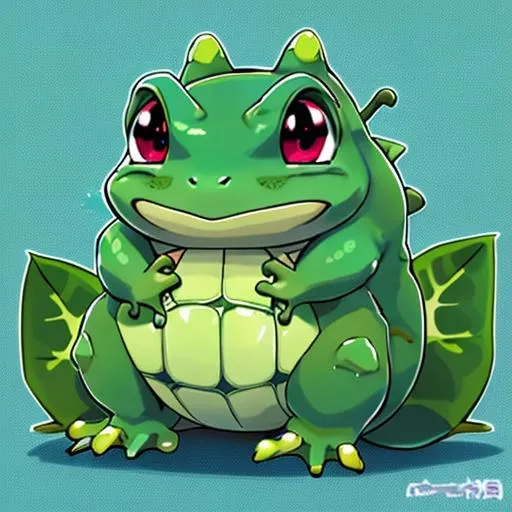 Prompt: HD, High Quality, 5K, Anime, Bulbasaur, small blue-green quadrupedal amphibian, green plant bulb on back,  blue skin with darker patches, It has red eyes with white pupils, pointed, ear-like structures on top of its head, and a short, blunt snout with a wide mouth. A pair of small, pointed teeth are visible in the upper jaw when its mouth is open. Each of its thick legs ends with three sharp claws. On Bulbasaur's back is a bright green circular plant bulb that conceals two slender, tentacle-like vines, which is grown from a seed planted there at birth. The bulb also provides it with energy through photosynthesis as well as from the nutrient-rich seeds contained within, forest, Pokémon by Frank Frazetta