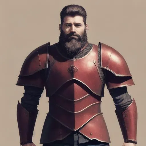 Prompt: Strong Dad with small beard, wearing dark red armor 