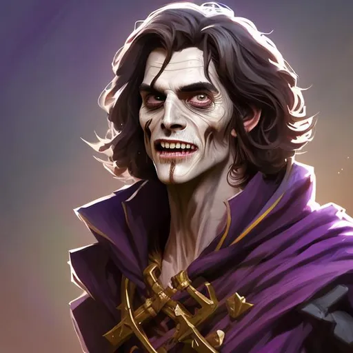 Prompt: Full body splash art of a sweet, youthful, expressive, smiling male undead zombie bard, mummified face, long black hair, skinny, plum medieval purple noble clothes, D&D, dnd, fantasy, highly detailed, sharp focus, digital painting, trending on artstation, 4k, 8k, unreal engine