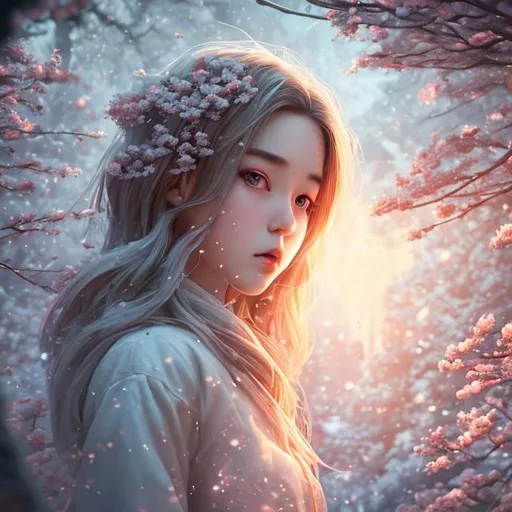 Prompt: (Masterpiece:1.1, Highly detailed:1.1), utra realistic, 4K UHD, anime style, (top quality) (depth of field), cinematic shot, instagram able, 1girl, goddess of blossom forest, snowy background, holy light background, 2D illustration, reflactions, long hair, blonde hair, dark blue eyes, fullbody view, centered, (Epic composition, epic proportion).