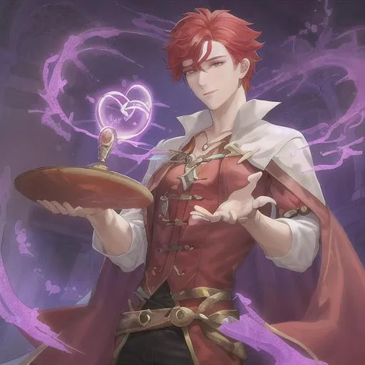 Prompt: Young man with a magic orbe in hes hands with red hairs and a magic potion