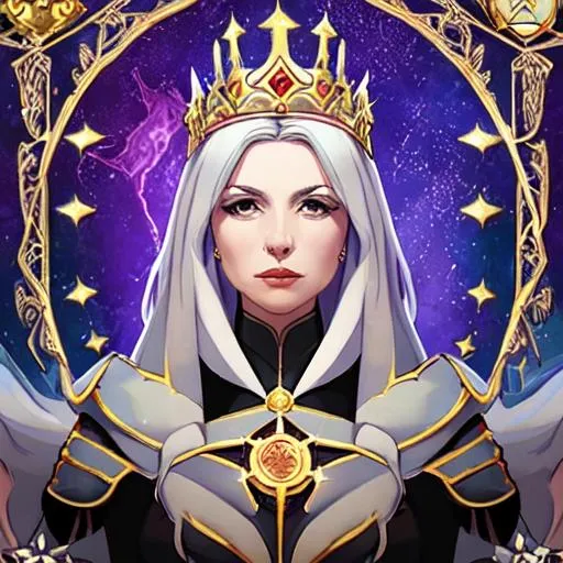 Prompt: Queen: Isadora Riftwarden
Description: Queen Isadora possesses an inquisitive and strategic mind, with an air of elegance and a crown adorned with interdimensional symbols. She complements King Maximilian's diplomatic skills with her own knowledge of the multiverse. Queen Isadora is revered for her wisdom and ability to navigate the complexities of interdimensional affairs.