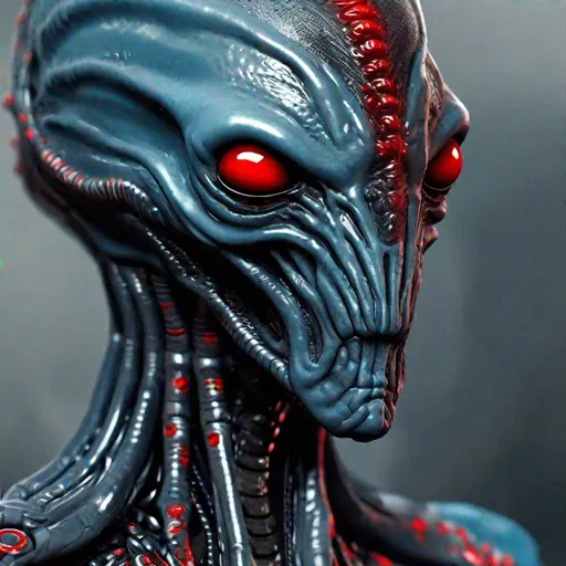 Prompt: Detailde face, body portrait, ultra realistic,a Alien with the body of a humanoid alien, who has grayish-blue skin and a shiny texture, the skin has a tentacle-like red design, which extends from the forehead to the chin. The eyes are large and black, the eyes are large and black. The nose is small and pointed, and the mouth is wide and thin,  two holes on the sides of his head The body is slender and muscular, with a ribcage-like structure on the chest. The arms and legs are long and thin, with three fingers and three claws on each hand and foot.