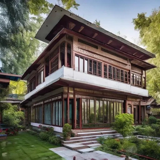 Prompt: kashmiri architectural house mixed with american mid-century inspired interiors features big bay glass windows, garden and porch, with modern feel