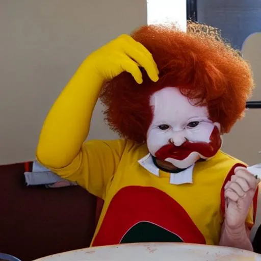 Prompt: Ronald McDonald eating a toddler