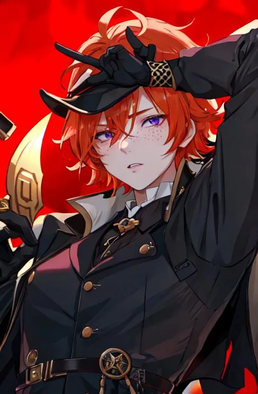 Prompt: Erikku male (short ginger hair, freckles, right eye blue left eye purple) UHD, 8K, Highly detailed, insane detail, best quality, high quality. As the godfather, mafia