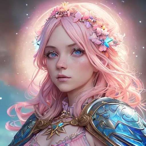 Prompt: Portrait of an Aasimar Star Druid Woman with blonde and pastel pink hair and with cute face, fantasy city background, perfect composition, hyperrealistic, super detailed, 8k, high quality, trending art, trending on artstation, sharp focus, studio photo, intricate details, highly detailed, by greg rutkowski, wears a dazzling pastel pink and blue outfit adorned with stars. Her shimmering cape and skirt evoke the night sky. She wears pink boots, gloves with a blue star, and has a star-shaped emblem on her bodice and earrings.