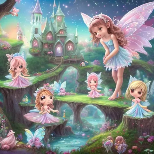 Prompt: Fairyland with cute little fairy girls all happy and cute