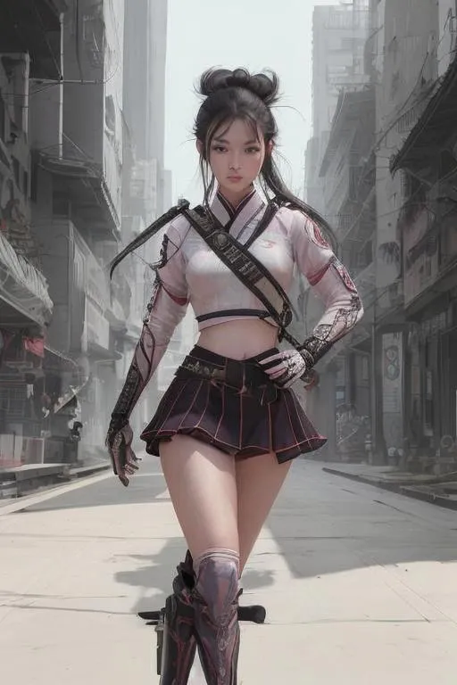 Prompt: Professional Photo Realistic Image of a hyper stylized feminine Korean martial artist, wearing a tight feminine army uniform with skirt, beautiful perfect young elegant woman, perfect super cute face, absolute exact body proportions, intricate hyper detailed random color hair, intricate hyper detailed stylized makeup, intricate hyper detailed full body visible, lean feminine body, in a dystopian city,

HDR, UHD, high res, 64k, cinematic lighting, special effects, hd octane render, professional artist, studio lighting,

by Artstation illustrators, by DevianArt illustrators, intricate details, face,  full body portrait, headshot, illustration, Flawless 3D Rendered