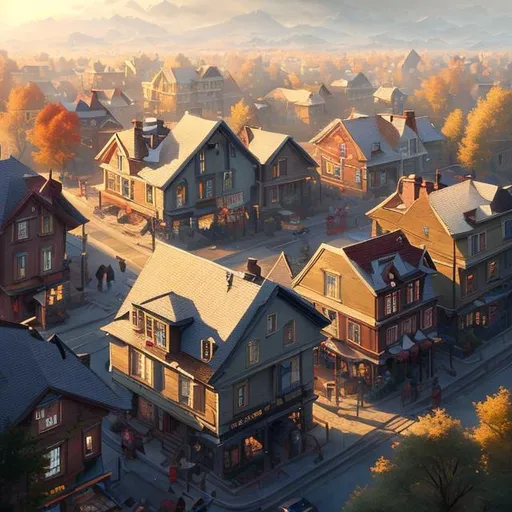 Prompt: beautiful digital painting of an isometric  view of a cozy small suburban town by greg rutkowski, trending on artstation
