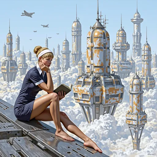 Prompt: This is a digital painting in a realistic, gritty, science fiction style with natural proportions and detailed facial features.

The central subject is a blonde woman with her hair tied in a bun, wearing a white headband and a navy blue, short-sleeved, form-fitting dress in the style of a flight attendant that ends just above her knees. She is sitting with her legs crossed, barefoot, and holding a closed book in her left hand while resting her chin on her right hand. Her expression is contemplative as she gazes downward.

The background features a futuristic, cityscape filled with numerous, metallic columns and beams that stretch up from below the clouds, supporting futuristic industrial buildings of varying sizes, futuristic oblong and oval shapes.  The buildings are colored with varying grimy metallic-industrial hues, all with intricate details such as windows, antennas, and small, lit areas creating a crowded, chaotic sky-scape.  
The buildings are each individually supported, held up above the clouds, by metallic beams and columns that stretch downward into and below the clouds. These structures are surrounded by a layer of dirty industrial-smog tinged clouds. Several small futuristic aircraft are flying in the distance. The sky is light blue, contrasting with the dirty color of the clouds adding a sense of depth and vastness to the scene.

The woman is seated to one side of the image, on a metallic ledge overlooking the cloud-city with visible structural beams and a slight texture, indicating it might be part of a larger aircraft or platform. The overall color palette is dominated by industrial metallic tones and palette offset by the contrasting cool blue of the sky, creating a serene yet futuristic atmosphere. The attention to detail and realistic rendering give the painting a sense of realism within a fantastical setting.