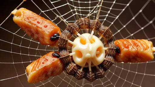 Prompt: A terrifying cheesy meat spider ensnaring a candy moth in a web of string cheese