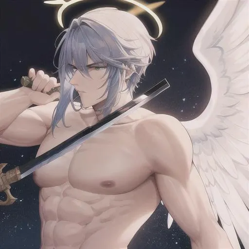 Prompt: 4k  on Tough looking male angel with wings and a halo (detailed face), wielding a holy sword, fighting
