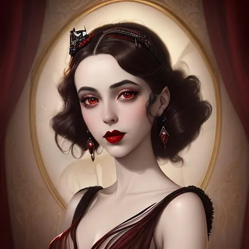 Prompt: Ethereal fantasy image detailed painting by Tim burton and artgerm portrait of a beautiful 1920's high class young aristocrat female with dark brown eyes perfect cherry red lips wearing a very beautiful formal gown,  artgerm, award-winning cgi, blender 