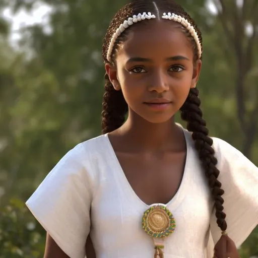 Prompt: Eritrean girl with traditional hair braids and white clothes Hyper realistic , 4K