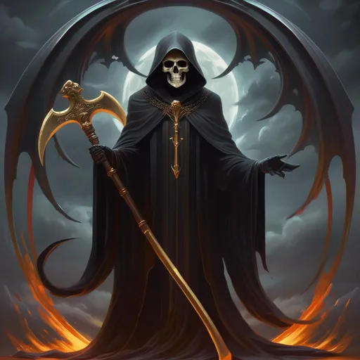 Prompt: Heraldry, god of death, grim reaper, scythe, Greg Rutkowski, full hd, high quality, 4k, trending on artstation, oil painting, symmetrical, fantasy