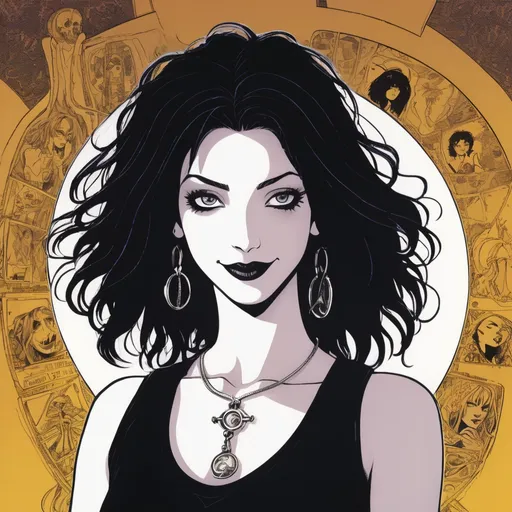 Prompt: Death from Neil Gaiman’s Sandman Comic, Depict a (young, youthful, cute and pleasantly content smiling 16-year-old girl), wearing silver ankh pendant, pale-skinned, slender young woman with dark, messy, shoulder-length hair. Her eyes should have a kind yet knowing expression. She wears a black tank top with simple, dark jeans, accessorized with a silver ankh pendant around her neck. Her lips are dark, contrasting with her pale complexion, and her overall style reflects a gothic aesthetic. Her demeanor should appear calm, welcoming, and slightly whimsical, exuding both warmth and mystery.