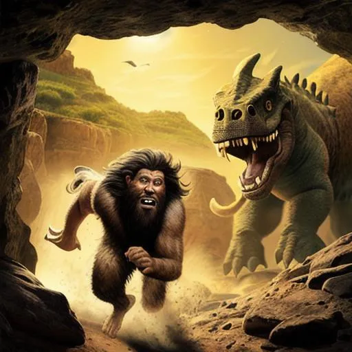 Prompt: hairy prehistoric cave man running into the entrance of his cave while being chased by a dinosaur trying to eat him