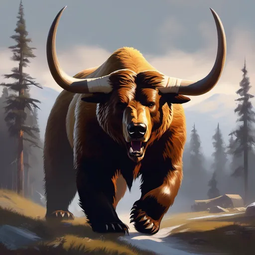 Prompt: A digital art of a bear monster with  ox long horns by Greg Rutkowski