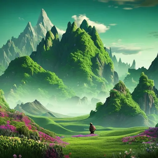 Prompt: Create a green landscape filled with pretty flowers, at the horizon there are two great mountains that almost touch the sky with theyr height, a lonely creature wonders the land in search of they'r pourpose