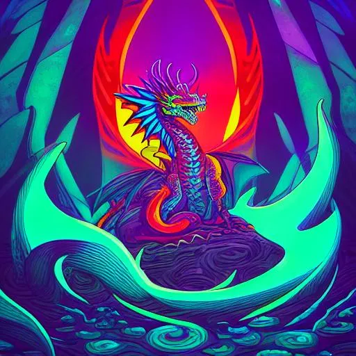Prompt: Hypnotic illustration of a Dragon Avatar hypnotic art by Dan Mumford, pop surrealism, dark glow neon paint, mystical, Behance