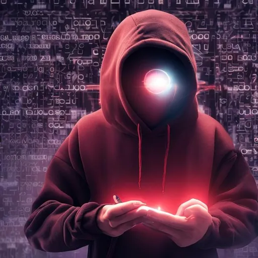Prompt: data scientist at work,
 black hoddie, play laptops ,  hacker, concept art, zoom-out , alone , looking to camera, full body, red eyes, hackers rooms vibe, realistic hands on nose, shy