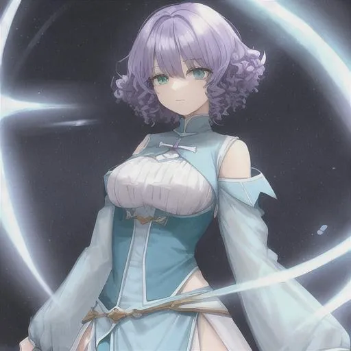 Prompt: A tall cute mage girl wearing light blue and white clothing. She has short curly purple hair and green eyes 