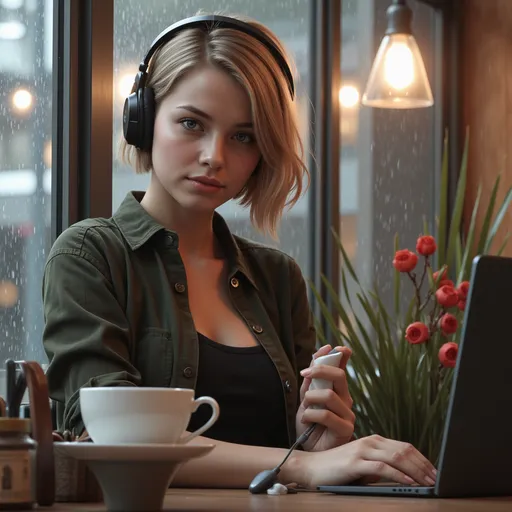 Prompt: Realistic highly detailed digital image, a (slim, and beautiful young college woman, a petite athletic body) with ((blonde hair color)) and a (carefree hair style), wearing a headset sitting by the window in a coffee shop, glancing at viewer, rainy weather outside