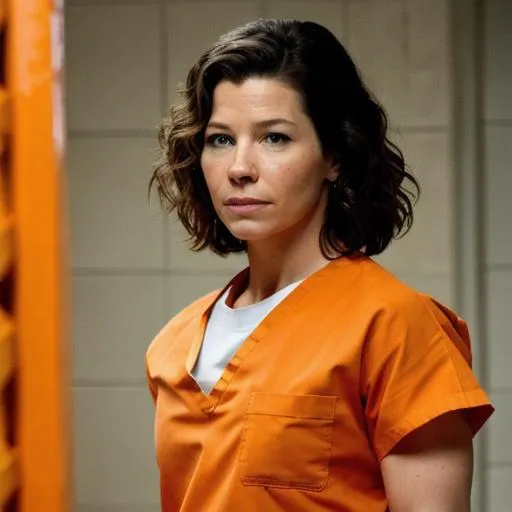 Prompt: Evangeline lilly in prison wearing orange scrubs prison uniform