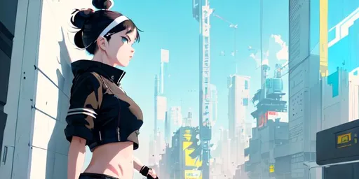 Prompt: Highly detailed portrait of a Anime girl walkng on a ceiling, hacker, wearing black and white techwear, headband, blue eyes, white hair mohawk by atey ghailan, by greg rutkowski, by greg tocchini, by james gilleard, by joe fenton, by kaethe butcher, gradient yellow, black, brown and magenta color scheme, grunge aesthetic!!! graffiti tag wall background