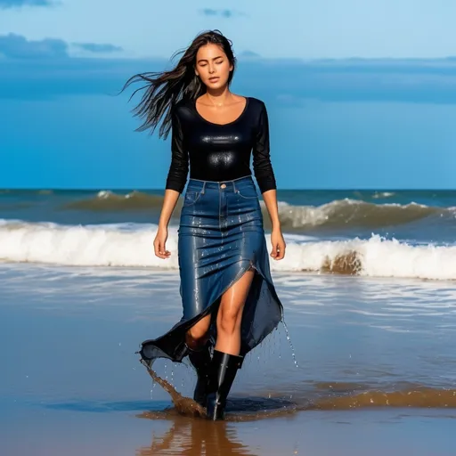 Prompt: Generate a photo of a young woman, wearing a  knee lenght boots, long denim skirt, black t-shirt,  walking out out the sea. She is enjoying being in her wet clothes, water dripping from her clothes, which are stuck to her body.  The image should show detailed textures of the wet fabric, a wet face, and plastered hair. The overall effect should be shiny and wet, with professional, high-quality details and a full body view.