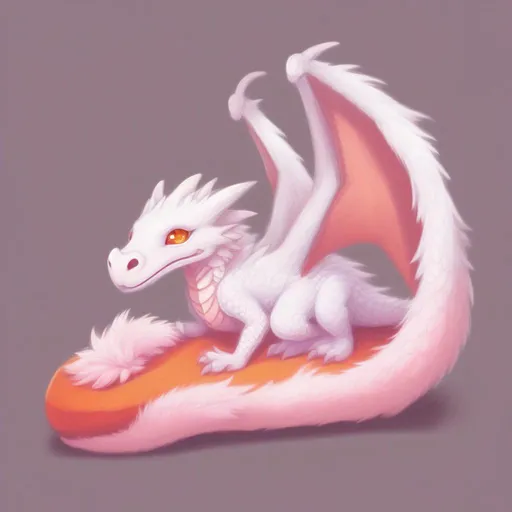 Prompt: dnd a small white very fluffy dragon with orange eyes laying inside of a pink slipper 