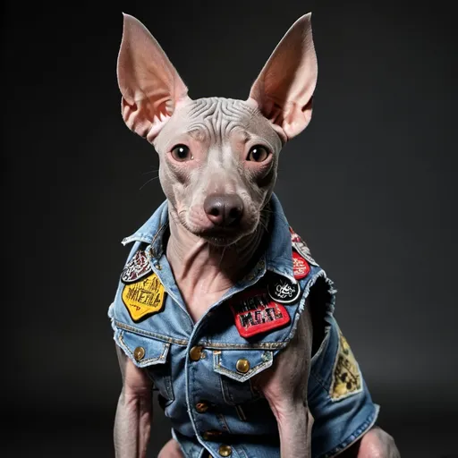 Prompt: Mexican hairless dog wearing a heavy metal music denim vest with patches