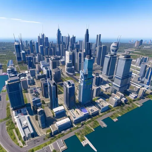 Prompt: a city with big skycrapers and flying cars and blue sea aside realistic drone view 3d