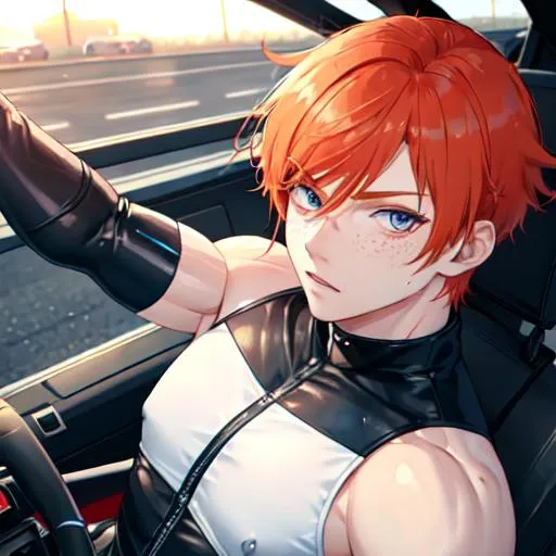 Prompt: Erikku male (short ginger hair, freckles, right eye blue left eye purple) muscular, riding a motorcycle. UHD, 8K, Highly detailed, wearing biker gear, driving on the freeway, close up