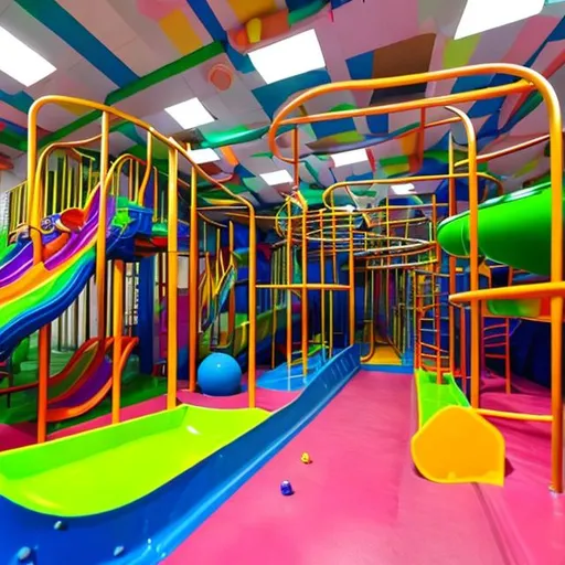 Prompt: A colorful indoor kids playground with slides, a ball pit, and tunnels. Some chairs and tables in the room. 