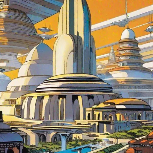 Prompt: A scifi Indian city with a majestic dome building in second plane and many ziggurat buildings in first plane. marvel comics art. DC comics art. Image comics art. 