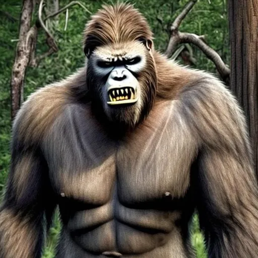 Prompt: Bigfoot hybrid combination of different primates but more angrier, deadlier, and violent than ever. Realistic. 