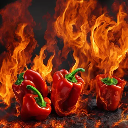 Prompt: Peppers on fire, flames shooting out, burning hot, highly detailed, realistic, UHD, HDR