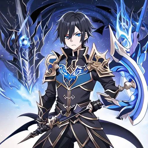 Prompt: dovakhiin with black short hair, male, sword and shield with dragon emblems and a golden auriel writing detailed with a scared face blue eyes one eye is covered from the hair the eyes are the same design as kirito from sword art online he is alone