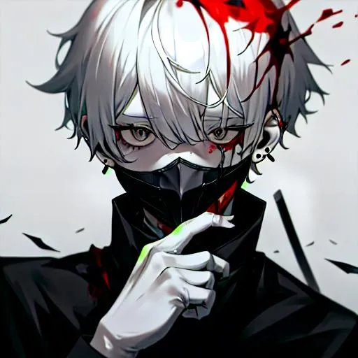 Prompt: (short white hair) 8k, UHD, close up, wearing a full face mask that covers his face and eyes, holding a knife up to his face, covered in blood, insanity, black earrings